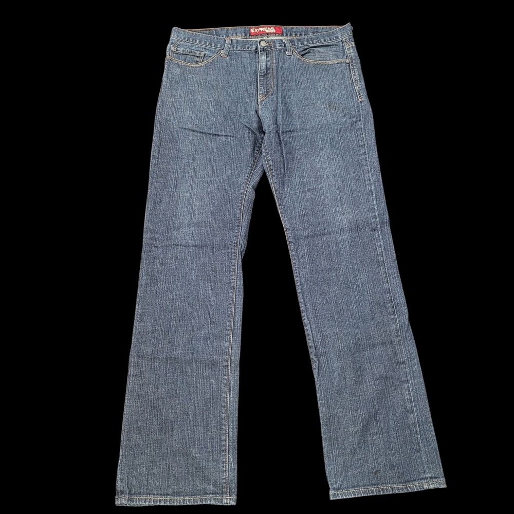Express Rocco Jeans Mens 36x34 Slim Fit Low Rise Straight Leg Blue Denim